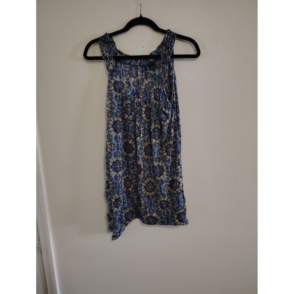 New Directions Womens‎ Blue Medallion Print Sleeveless Handkerchief Hem Top L